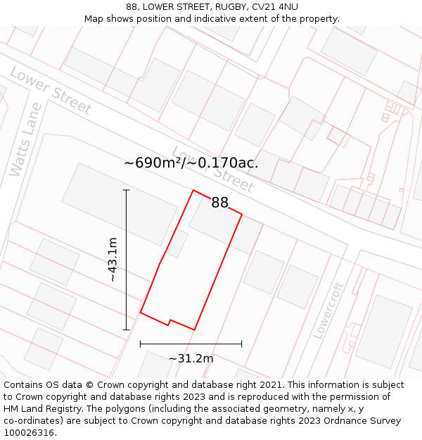 88, LOWER STREET, RUGBY, CV21 4NU: Plot and title map