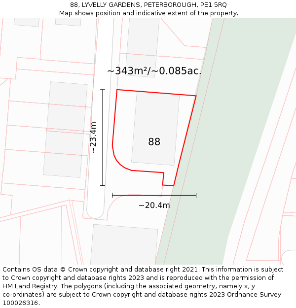 88, LYVELLY GARDENS, PETERBOROUGH, PE1 5RQ: Plot and title map