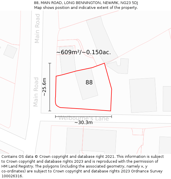 88, MAIN ROAD, LONG BENNINGTON, NEWARK, NG23 5DJ: Plot and title map