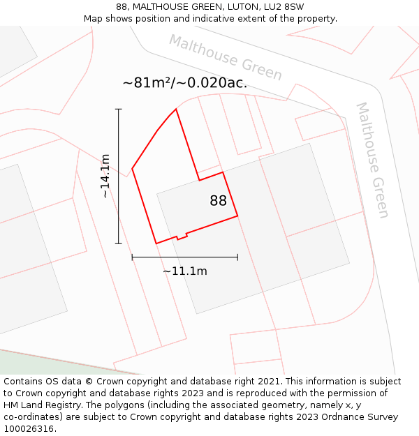 88, MALTHOUSE GREEN, LUTON, LU2 8SW: Plot and title map