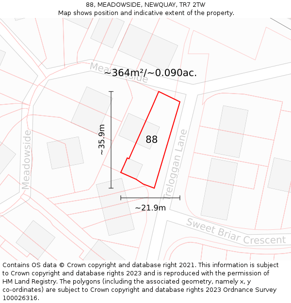 88, MEADOWSIDE, NEWQUAY, TR7 2TW: Plot and title map