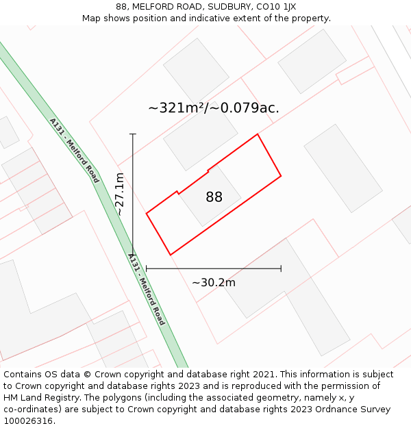 88, MELFORD ROAD, SUDBURY, CO10 1JX: Plot and title map