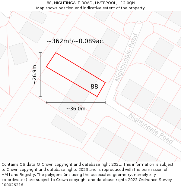 88, NIGHTINGALE ROAD, LIVERPOOL, L12 0QN: Plot and title map
