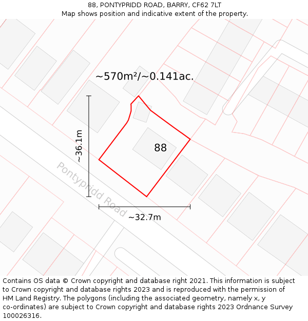 88, PONTYPRIDD ROAD, BARRY, CF62 7LT: Plot and title map