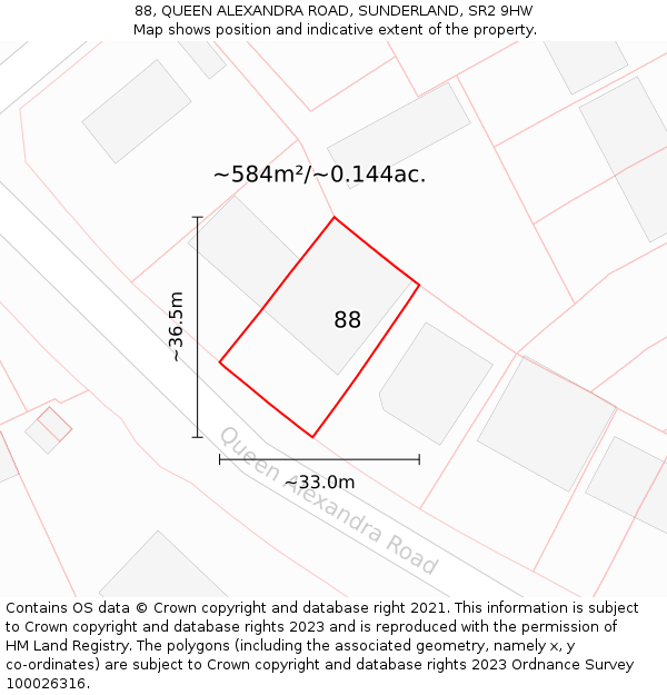 88, QUEEN ALEXANDRA ROAD, SUNDERLAND, SR2 9HW: Plot and title map