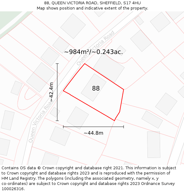 88, QUEEN VICTORIA ROAD, SHEFFIELD, S17 4HU: Plot and title map