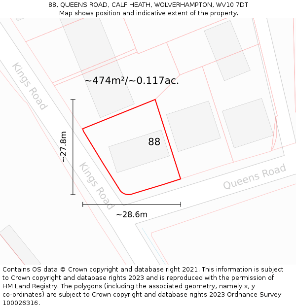 88, QUEENS ROAD, CALF HEATH, WOLVERHAMPTON, WV10 7DT: Plot and title map