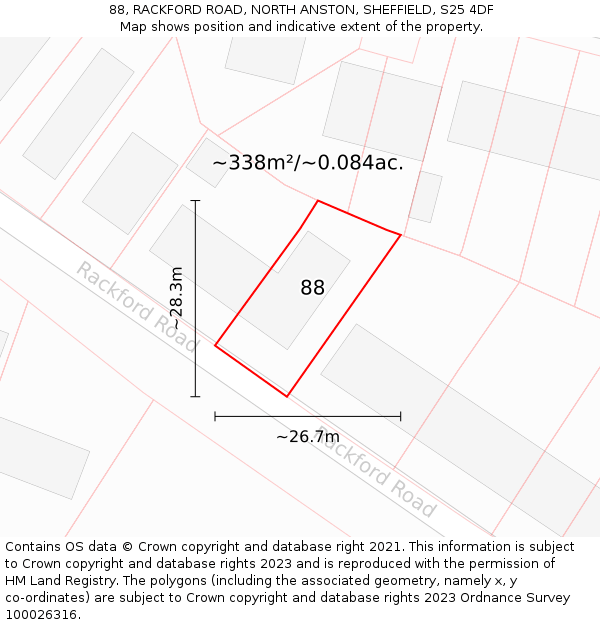 88, RACKFORD ROAD, NORTH ANSTON, SHEFFIELD, S25 4DF: Plot and title map