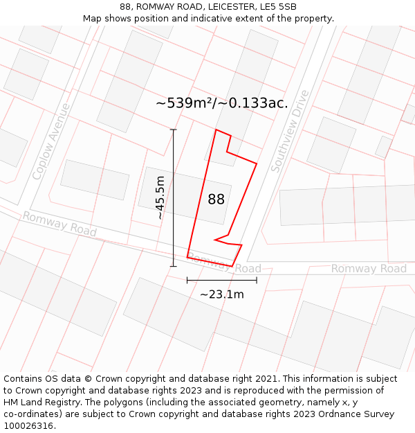 88, ROMWAY ROAD, LEICESTER, LE5 5SB: Plot and title map
