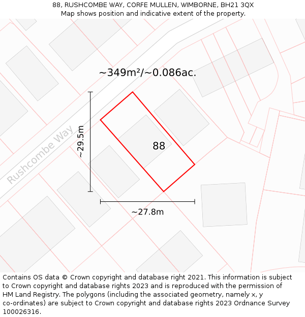 88, RUSHCOMBE WAY, CORFE MULLEN, WIMBORNE, BH21 3QX: Plot and title map