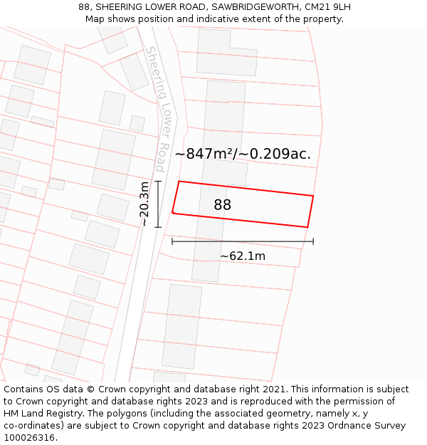 88, SHEERING LOWER ROAD, SAWBRIDGEWORTH, CM21 9LH: Plot and title map