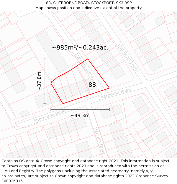 88, SHERBORNE ROAD, STOCKPORT, SK3 0SP: Plot and title map