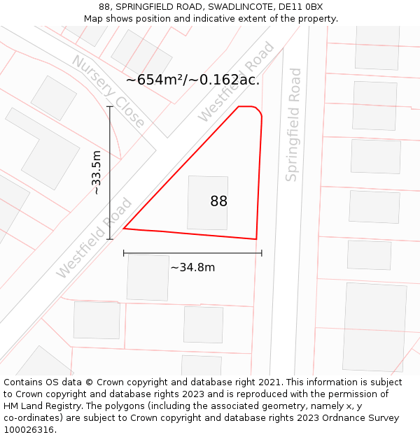 88, SPRINGFIELD ROAD, SWADLINCOTE, DE11 0BX: Plot and title map