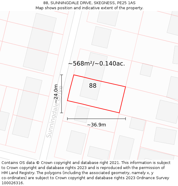 88, SUNNINGDALE DRIVE, SKEGNESS, PE25 1AS: Plot and title map