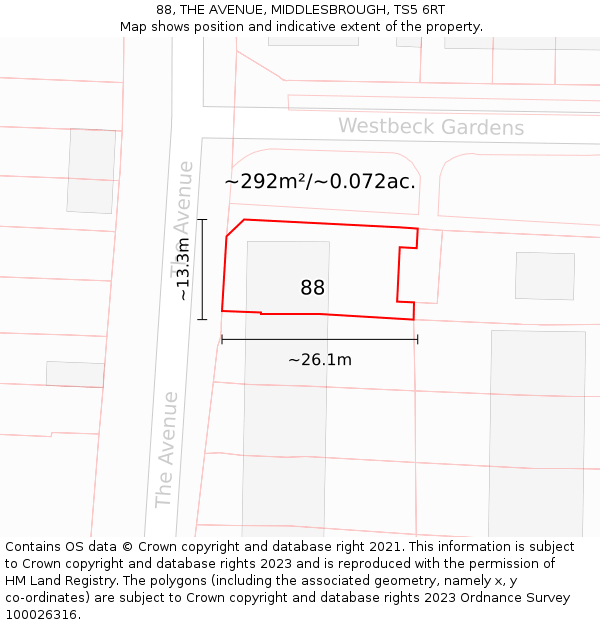 88, THE AVENUE, MIDDLESBROUGH, TS5 6RT: Plot and title map