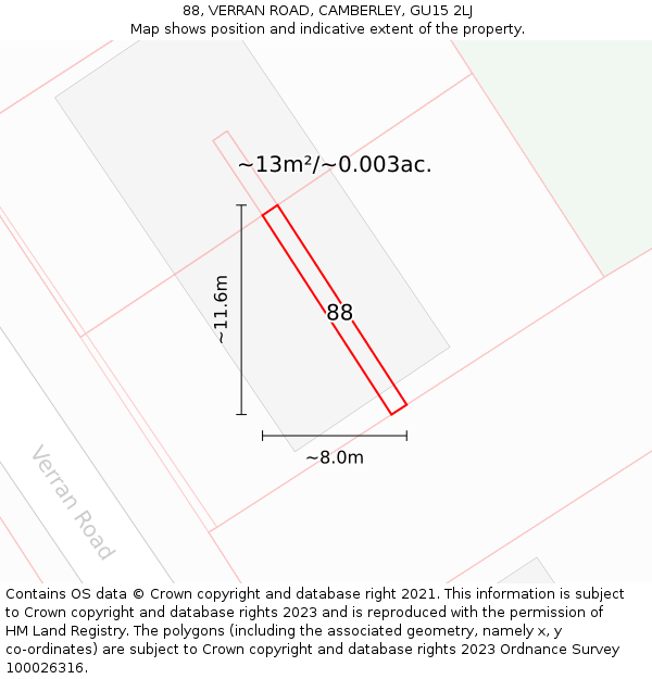 88, VERRAN ROAD, CAMBERLEY, GU15 2LJ: Plot and title map