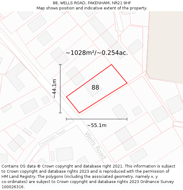 88, WELLS ROAD, FAKENHAM, NR21 9HF: Plot and title map