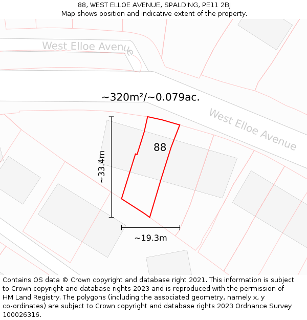 88, WEST ELLOE AVENUE, SPALDING, PE11 2BJ: Plot and title map