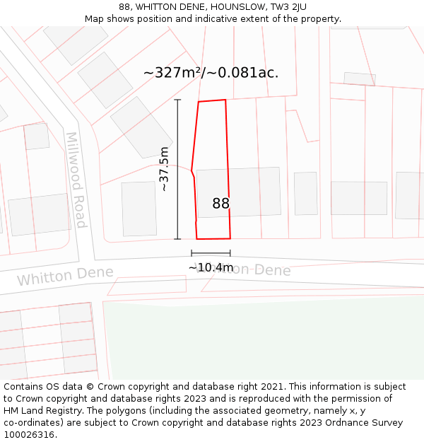 88, WHITTON DENE, HOUNSLOW, TW3 2JU: Plot and title map