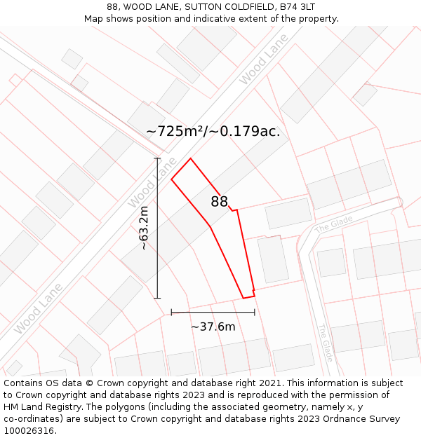 88, WOOD LANE, SUTTON COLDFIELD, B74 3LT: Plot and title map