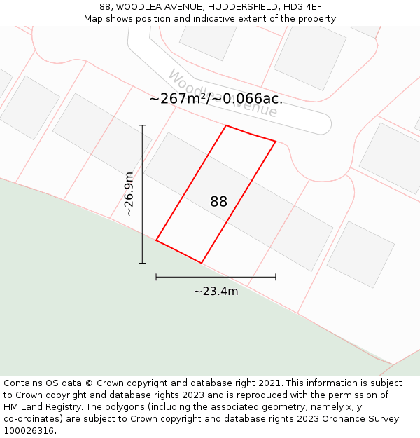 88, WOODLEA AVENUE, HUDDERSFIELD, HD3 4EF: Plot and title map