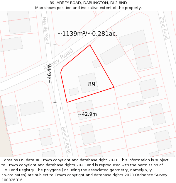 89, ABBEY ROAD, DARLINGTON, DL3 8ND: Plot and title map