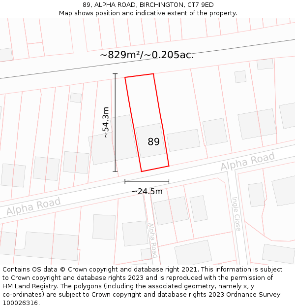 89, ALPHA ROAD, BIRCHINGTON, CT7 9ED: Plot and title map