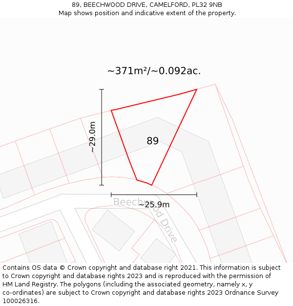 89, BEECHWOOD DRIVE, CAMELFORD, PL32 9NB: Plot and title map