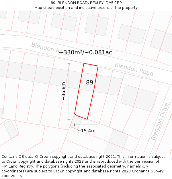 89, BLENDON ROAD, BEXLEY, DA5 1BP: Plot and title map