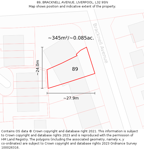 89, BRACKNELL AVENUE, LIVERPOOL, L32 9SN: Plot and title map