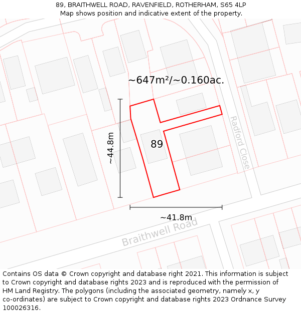 89, BRAITHWELL ROAD, RAVENFIELD, ROTHERHAM, S65 4LP: Plot and title map