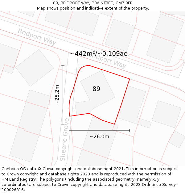 89, BRIDPORT WAY, BRAINTREE, CM7 9FP: Plot and title map