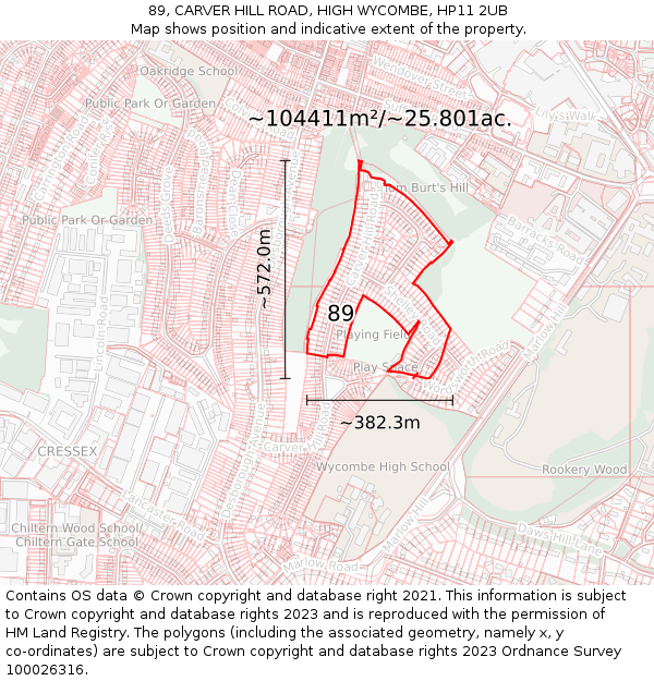 89, CARVER HILL ROAD, HIGH WYCOMBE, HP11 2UB: Plot and title map