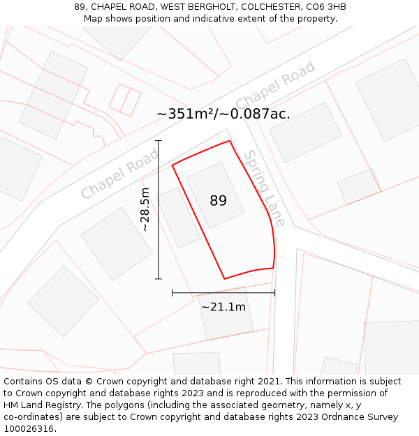 89, CHAPEL ROAD, WEST BERGHOLT, COLCHESTER, CO6 3HB: Plot and title map