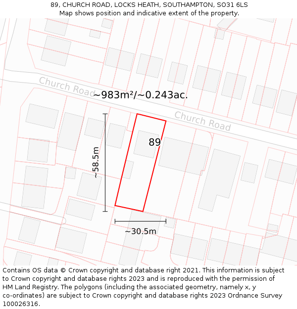 89, CHURCH ROAD, LOCKS HEATH, SOUTHAMPTON, SO31 6LS: Plot and title map