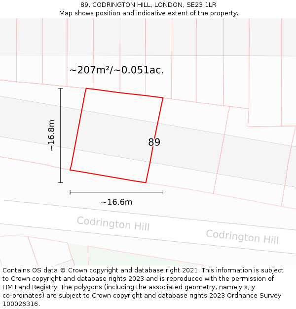 89, CODRINGTON HILL, LONDON, SE23 1LR: Plot and title map
