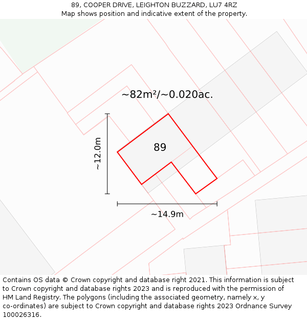 89, COOPER DRIVE, LEIGHTON BUZZARD, LU7 4RZ: Plot and title map