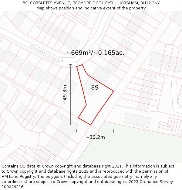 89, CORSLETTS AVENUE, BROADBRIDGE HEATH, HORSHAM, RH12 3NY: Plot and title map