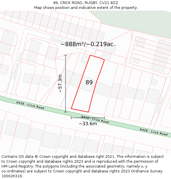 89, CRICK ROAD, RUGBY, CV21 4DZ: Plot and title map