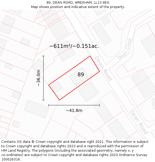 89, DEAN ROAD, WREXHAM, LL13 9EG: Plot and title map