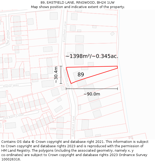 89, EASTFIELD LANE, RINGWOOD, BH24 1UW: Plot and title map