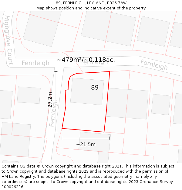 89, FERNLEIGH, LEYLAND, PR26 7AW: Plot and title map