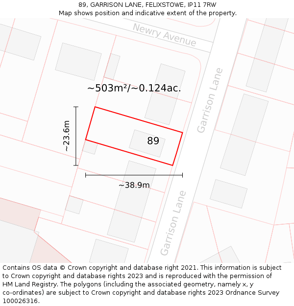 89, GARRISON LANE, FELIXSTOWE, IP11 7RW: Plot and title map