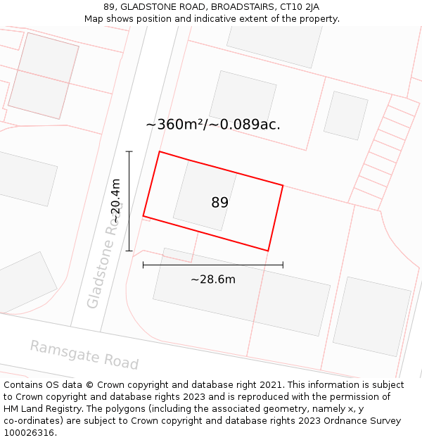 89, GLADSTONE ROAD, BROADSTAIRS, CT10 2JA: Plot and title map