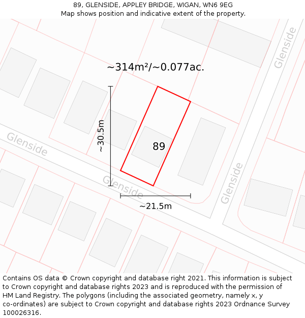 89, GLENSIDE, APPLEY BRIDGE, WIGAN, WN6 9EG: Plot and title map