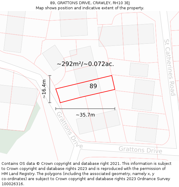 89, GRATTONS DRIVE, CRAWLEY, RH10 3EJ: Plot and title map