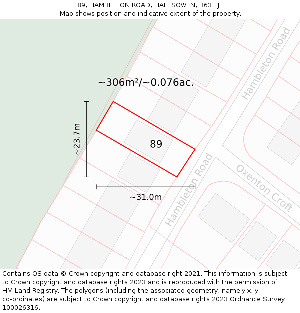 89, HAMBLETON ROAD, HALESOWEN, B63 1JT: Plot and title map