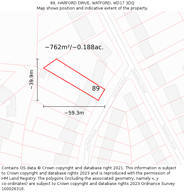 89, HARFORD DRIVE, WATFORD, WD17 3DQ: Plot and title map