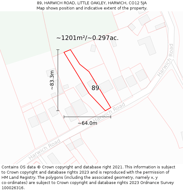 89, HARWICH ROAD, LITTLE OAKLEY, HARWICH, CO12 5JA: Plot and title map