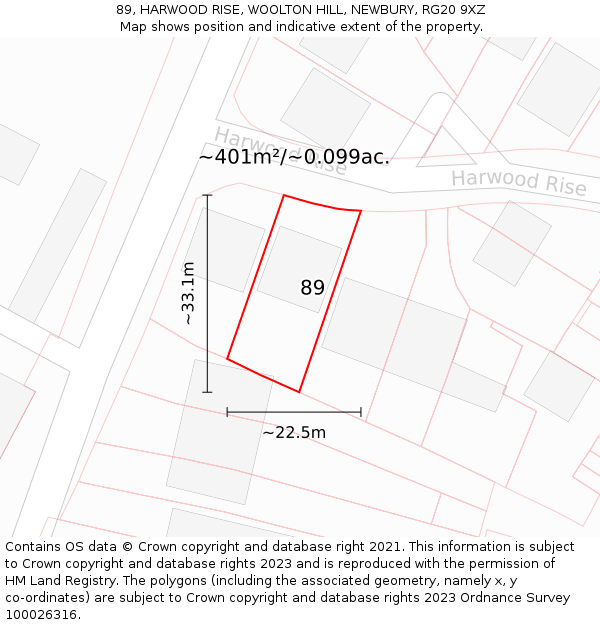 89, HARWOOD RISE, WOOLTON HILL, NEWBURY, RG20 9XZ: Plot and title map